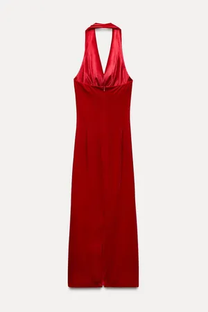 Zara dress maxi festive velour red halter party wedding Christmas thumbnail 9