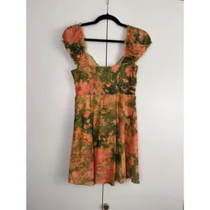 Urban Outfitters‎ Orange Green Floral Mesh Mini Dress Smocked Boho Ruffle Med thumbnail 2