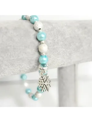 Hand Crafted Ice Blue Silver Beaded Snowflake Charm Bracelet 9 Inch thumbnail 2