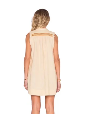 Free People Off Poplin Dress Saffron Combo Linen Blend Lace Up Mini Dress M thumbnail 4