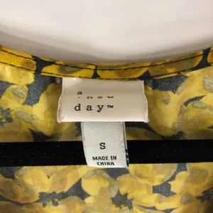 A New Day Yellow Black Floral Long Sleeve Faux Wrap Top Blouse S thumbnail 3