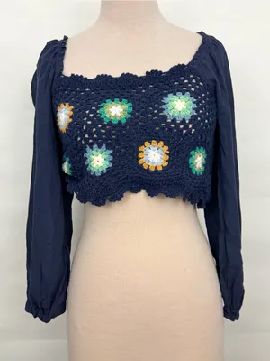 American Eagle aerie Navy Crochet Square-Neck Top with Floral Motifs long sleeve thumbnail 2