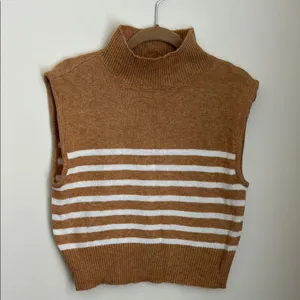 By Together Striped Tan and White Women's Sweater Vest thumbnail 1