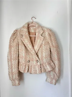 LoveShackFancy Braelyn Crop Jacket Small‎ Cream Bouclé Tweed Peplum Jacket $595 thumbnail 3