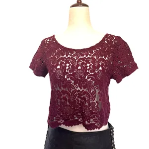 Abercrombie Fitch Y2K Crochet Crop Women Top XS Festival Coquette Boho Burgundy thumbnail 2