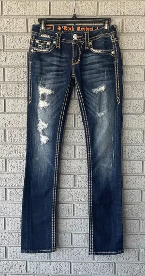 Rock Revival Karla Straight Leg Jeans Distressed Dark Wash Size 25 thumbnail 1