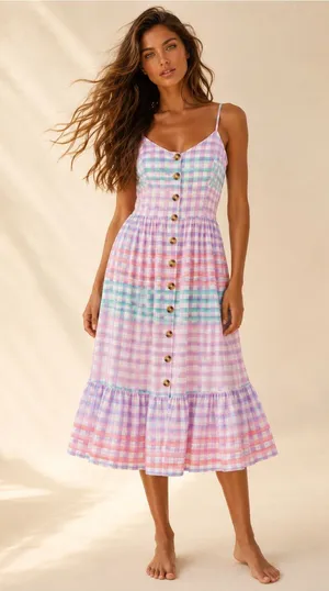 Jopna Pastel Gingham Midi Dress Cottagecore Coastal Picnic Coquette Soft Girl XL thumbnail 1