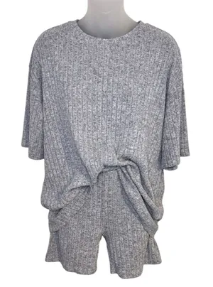 SHEIN Light Gray Ribbed Knit Tee and Shorts Lounge Set Size Small thumbnail 1