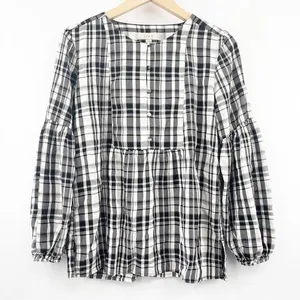 LOFT ANN TAYLOR Top Peplum Plaid Blouson Henley B&W Business Casual Size Small thumbnail 1