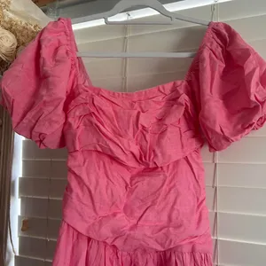 Hello molly pink linen blend puff sleeve mini dress size M milkmaid cottagecore thumbnail 4