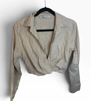 Zara Beige Linen Cropped Twist Coastal Top thumbnail 1