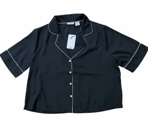 Jason Wu NWT Black Short-Sleeve Satin Pajama Top with White Piping thumbnail 1
