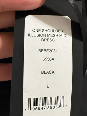 Bebe Women's One Shoulder Mesh Insert Midi Dress Black Dress Size L thumbnail 5