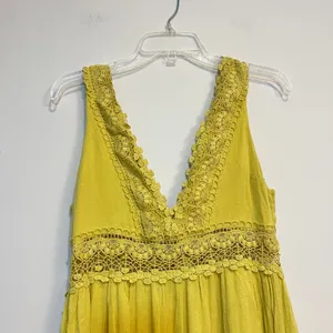 Boho Maxi Dress‎ Yellow Sleeveless V Neck Crochet Lace Tiered Flowy Small thumbnail 2