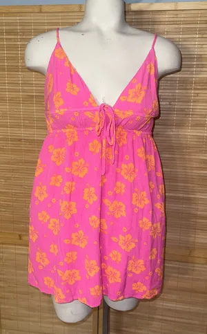Garage orange pink floral babydoll short dress mini dress adjustable straps S thumbnail 1