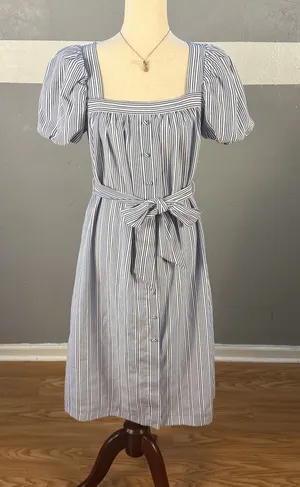 Alex Marie Blue and White Striped Puff-Sleeve Midi Dress thumbnail 1