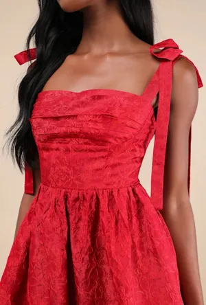 Lulus Successfully Chic Red Jacquard Pleated Tie-Strap Midi Dress thumbnail 4