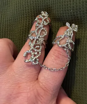 Silver Crystal Filigree Double Finger Chain Ring - Silver thumbnail 1