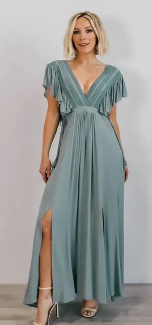 Baltic Born Jennifer Deep V Ruffle Maxi Dress Sage Green Boho Gown XS thumbnail 1