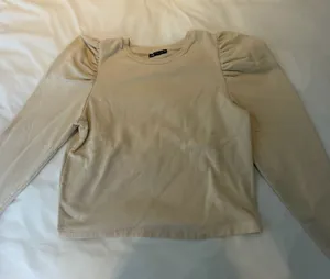 Zara Crewneck Puff Sleeve Sweatshirt Beige Cotton thumbnail 1