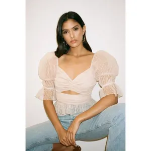NEW LPA Dolores Top S Ivory Sheer Dot Puff Sleeve Cutout Pleated Peplum Tulle thumbnail 3