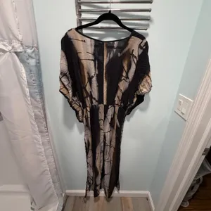 Bamboo Blonde Maxi Dress Large Black Brown Tie Dye Rayon Drawstring Waist V-Neck thumbnail 4