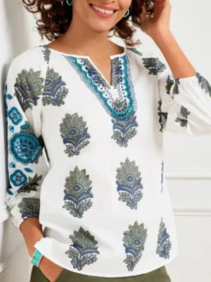 Talbots White Blue Green Floral Eyelet Cotton V Neck Top thumbnail 1
