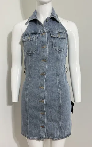 NWT Lulus Denim Buttons Mini Dress Halter Open Back Y2K Women’s XS thumbnail 1