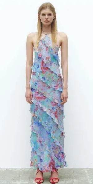 Zara ruffle printed halter midi Dress NEW thumbnail 6