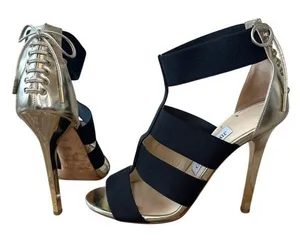 Jimmy Choo Dario Black Ladder Strap‎ Gold Heel Sandals Size US 8, IT 38 thumbnail 1