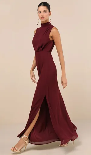 NWT Lulus Classic Elegance Plum Chiffon Sleeveless Mock Neck Maxi Dress Size S thumbnail 1