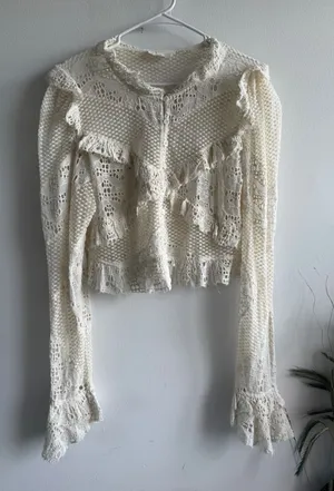 Anthropologie Ivory Lace Ruffle Cropped Cardigan Top Womens Size L‎ Eyelet Boho thumbnail 1