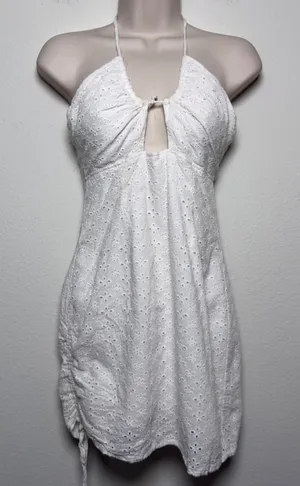 Tiger Mist Women Cotton Eyelet Halter Mini Dress Small White Ruched Boho‎ Resort thumbnail 1