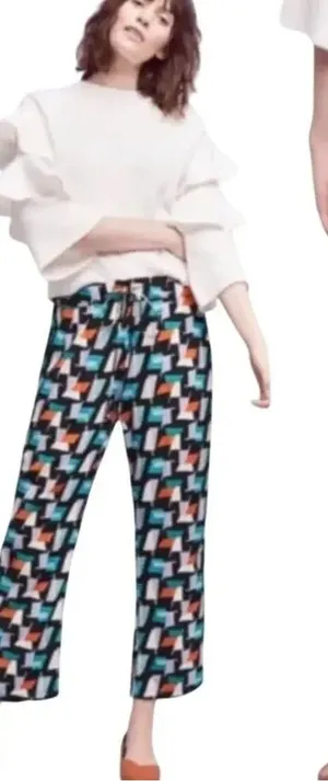Anthropologie Hei Hei Ginza Geometric Print Pull On Crop Pants Black Blue Size M thumbnail 1