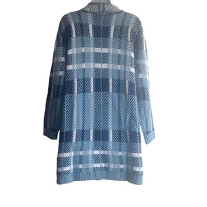 Salon Studio‎ Blue Houndstooth Plaid Open Front Oversized Cardigan Large Grandma thumbnail 2
