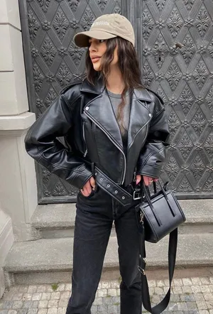 ZARA jacket biker faux leather cropped coat thumbnail 1