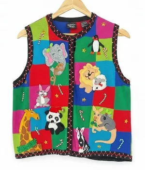 Vintage Christine Rotelli Christmas‎ Safari Animal Patchwork Knit Sweater Vest thumbnail 1