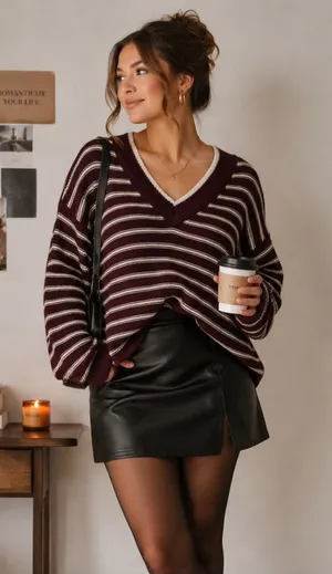 NEW‎ American Eagle Burgundy Striped Chunky Oversized V Neck Swester Sz small thumbnail 1