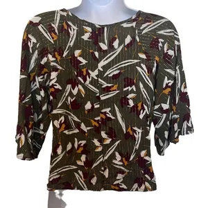 Zinzane Small Green Purple Floral Silver Metallic Stripe V Neck Crop‎ Top Blouse thumbnail 3