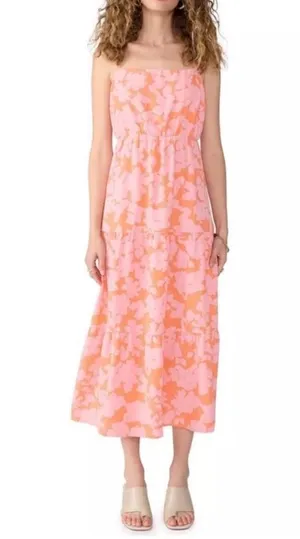 Social Standard by Sanctuary Floral Tiered Maxi Dress (Sz L) Pink & Orange thumbnail 1