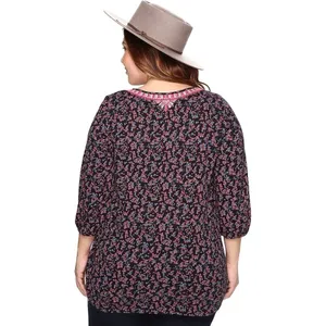 Lucky Brand Women's Black & Pink Floral Embroidered Boho Top Size 2X thumbnail 2