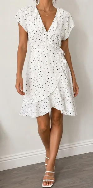 Aritzia Sunday Best Savoy Wrap Dress White Black Heart Print Ruffle Mini Size 6 thumbnail 1
