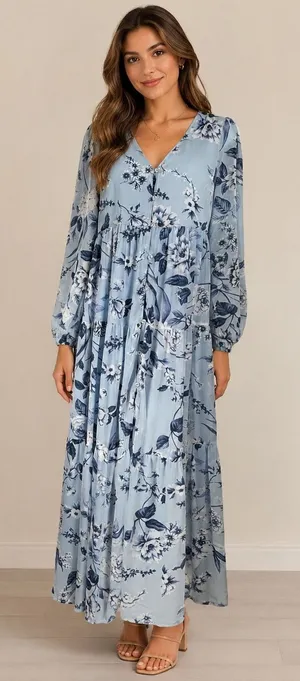 Sugar Lips Maxi‎ Dress Womens Size S Pale Blue Floral Tiered Long Sleeve Cottage thumbnail 1