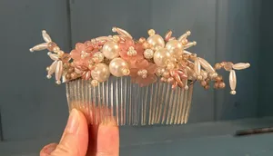 Handmade Pearl and Pink Floral Bridal Hair Comb - Vintage 1980’s thumbnail 1
