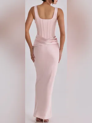 NEW HOUSE OF CB Kira Blush Pink Corset Bodice Satin Gown Sz L thumbnail 4