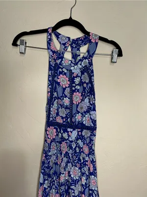 Abel The Label Blue Pink Floral Tie Back Bell Cottage Front Slit Maxi‎ Dress thumbnail 3