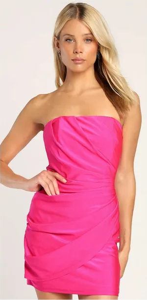 Lulus Total Treat Hot Pink Ruched Strapless Bodycon Mini Dress thumbnail 1