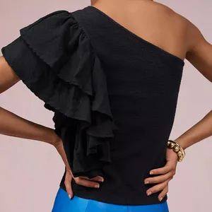 NWT By Anthropologie Ruffled One-Shoulder Top in Black Women’s Size Small thumbnail 2