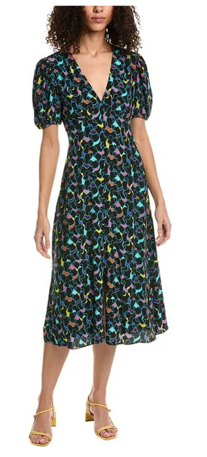 STAUD Milla Puff-Sleeve Midi-Dress - Black Abstract Wave - 4 thumbnail 1