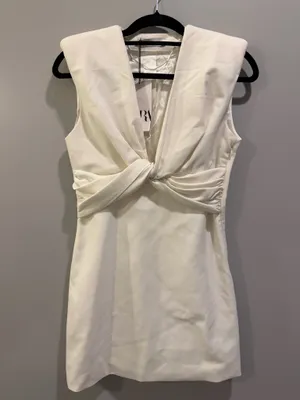 NWT ZARA Knot Front Shoulder Pad Detail Plunging V-Neck Dress White thumbnail 2